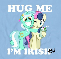 Size: 364x355 | Tagged: safe, artist:pixelkitties, official, character:bon bon, character:lyra heartstrings, character:sweetie drops, species:earth pony, species:pony, species:unicorn, ship:lyrabon, clothing, clover, female, four leaf clover, hug, irish, lesbian, mare, milkshake, one eye closed, saint patrick's day, shipping, smiling, t-shirt, welovefine