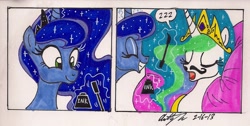 Size: 1394x703 | Tagged: safe, artist:newyorkx3, character:princess celestia, character:princess luna, comic, face doodle, inkwell, moustache, prank, sisters, sleeping, this will end in tears and/or a journey to the moon, traditional art, trolluna, wrong eye color, zzz