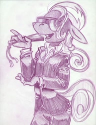 Size: 850x1100 | Tagged: safe, artist:trollie trollenberg, character:hoity toity, species:anthro, species:earth pony, species:pony, fan, male, monochrome, solo, sunglasses, traditional art
