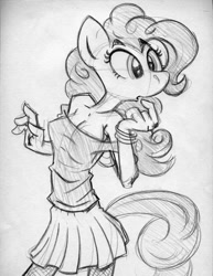 Size: 850x1100 | Tagged: safe, artist:trollie trollenberg, character:pinkie pie, species:anthro, breasts, clothing, female, monochrome, skirt, solo, traditional art