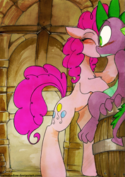 Size: 637x900 | Tagged: safe, artist:foxinshadow, character:pinkie pie, character:spike, ship:pinkiespike, barrel, blushing, female, interspecies, kissing, male, markers, shipping, straight, traditional art, watercolor painting