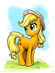 Size: 750x1000 | Tagged: safe, artist:kp-shadowsquirrel, character:applejack, species:earth pony, species:pony, female, grass, looking back, mare, solo, three quarter view