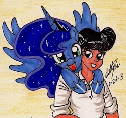 Size: 907x855 | Tagged: safe, artist:newyorkx3, character:princess luna, self insert, species:human, cute, friendship, happy, lunabetes, smiling, spread wings, traditional art, wings
