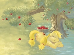 Size: 1080x810 | Tagged: safe, artist:hobbes-maxwell, character:applejack, apple, female, sleeping, solo, tree