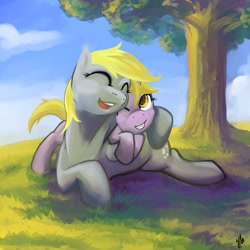 Size: 648x648 | Tagged: safe, artist:hobbes-maxwell, character:derpy hooves, character:dinky hooves, species:pegasus, species:pony, equestria's best mother, female, happy, hug, mare, smiling, tree