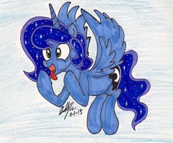 Size: 1169x968 | Tagged: safe, artist:newyorkx3, character:princess luna, cider, flying, male, prince artemis, rule 63, solo, tongue out, traditional art