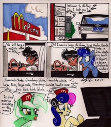 Size: 1514x1731 | Tagged: safe, artist:newyorkx3, character:bon bon, character:lyra heartstrings, character:princess luna, character:sweetie drops, self insert, species:human, car, clothing, comic, fast food, hat, mcdonald's, traditional art, working