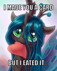 Size: 800x1000 | Tagged: safe, artist:kp-shadowsquirrel, character:queen chrysalis, but i eated it, card, eated, female, heart, image macro, meme, solo