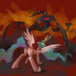 Size: 576x576 | Tagged: safe, artist:hobbes-maxwell, character:princess celestia, fight, plot, robot