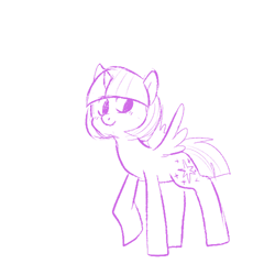 Size: 500x500 | Tagged: safe, artist:mt, character:twilight sparkle, character:twilight sparkle (alicorn), species:alicorn, species:pony, alternate hairstyle, blushing, bobcut, cute, female, mare, monochrome, raised hoof, sketch, smiling, solo, spread wings, wings
