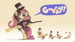 Size: 3200x1800 | Tagged: safe, artist:docwario, character:fluttershy, species:duck, species:pegasus, species:pony, bipedal, cane, clothing, ducks in a row, faceplant, female, goodbye, gradient background, hat, hoof hold, mare, parade of ducks, top hat, tripped, tuxedo, wallpaper