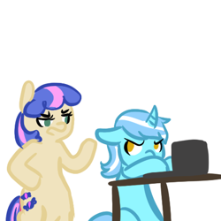 Size: 450x450 | Tagged: safe, artist:mt, character:bon bon, character:lyra heartstrings, character:sweetie drops, species:pony, bipedal, bon bon is not amused, computer, simple background, white background