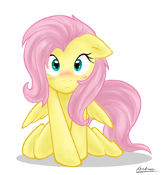 Size: 600x646 | Tagged: safe, artist:ambris, character:fluttershy, species:pegasus, species:pony, g4, adobe imageready, blushing, covering, cute, female, floppy ears, hnnng, kneeling, looking at you, mare, shyabetes, simple background, solo, white background