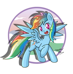 Size: 2958x3000 | Tagged: safe, artist:danmakuman, character:rainbow dash, species:pegasus, species:pony, female, mare, open mouth, shadow, signature, smiling, solo, spread wings, wings