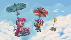 Size: 3200x1800 | Tagged: safe, artist:docwario, character:gummy, character:pinkie pie, character:scootaloo, species:pegasus, species:pony, species:seagull, balloon, cloud, cloudy, flying, pedalcopter, pinkiecopter