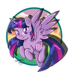 Size: 2290x2500 | Tagged: safe, artist:danmakuman, character:twilight sparkle, character:twilight sparkle (alicorn), species:alicorn, species:pony, g4, colored pupils, cute, eye clipping through hair, female, looking at you, mare, signature, smiling, smiling at you, solo, spread wings, twiabetes, wings