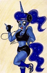 Size: 1088x1695 | Tagged: safe, artist:newyorkx3, character:princess luna, species:anthro, species:plantigrade anthro, belly button, breasts, cleavage, clothing, exercise, female, headband, headphones, leg warmers, midriff, mp3 player, ponytail, shoes, sneakers, solo, sports bra, traditional art