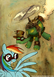 Size: 650x931 | Tagged: safe, artist:foxinshadow, character:rainbow dash, character:tank, clothing, duo, flying, goggles, hat, steampunk