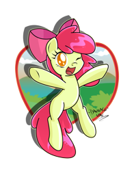 Size: 1957x2500 | Tagged: safe, artist:danmakuman, character:apple bloom, adorabloom, bipedal, cute, female, filly, looking at you, one eye closed, signature, simple background, smiling, solo, transparent background, wink