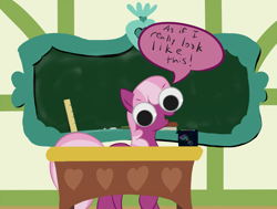 Size: 872x658 | Tagged: safe, artist:frist44, character:cheerilee, big fat meanie, chalk, chalkboard, female, googly eyes, new student starfish, ponyville schoolhouse, ruler, solo, special eyes, spongebob squarepants