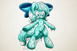 Size: 6000x4000 | Tagged: safe, artist:extradan, oc, oc only, oc:shiny slime, species:pony, bipedal, bow, colored pupils, dripping, female, goo pony, hair bow, happy, looking at you, mare, original species, simple background, slime, solo
