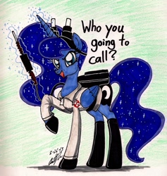 Size: 1400x1479 | Tagged: safe, artist:newyorkx3, character:princess luna, female, ghostbusters, parody, solo, traditional art