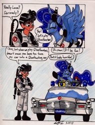 Size: 1311x1723 | Tagged: safe, artist:newyorkx3, character:princess luna, self insert, species:human, cadillac, car, comic, crossover, ecto-1, ghostbusters, traditional art