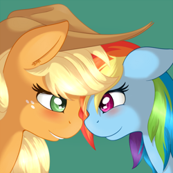 Size: 650x650 | Tagged: safe, artist:ratofdrawn, character:applejack, character:rainbow dash, ship:appledash, accessory, blushing, clothing, eye contact, female, hat, lesbian, lip bite, looking at each other, shipping, simple background, smiling