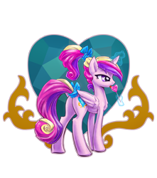 Size: 4500x5100 | Tagged: safe, artist:kp-shadowsquirrel, character:princess cadance, species:alicorn, species:pony, absurd resolution, bow tie, female, licking, lollipop, ponytail, solo, tail bow, teen princess cadance, tongue out
