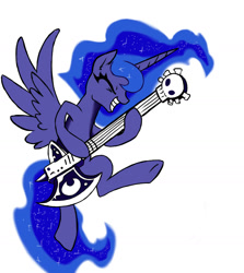Size: 1500x1682 | Tagged: safe, artist:kp-shadowsquirrel, artist:ridingengenere, character:princess luna, axe, female, grin, guitar, happy, heavy metal, literal axe guitar, musical instrument, simple background, skull, smiling, solo