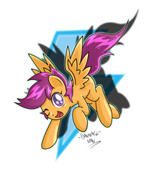 Size: 2208x2500 | Tagged: safe, artist:danmakuman, character:scootaloo, species:pegasus, species:pony, female, lightning, one eye closed, solo