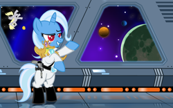 Size: 1100x688 | Tagged: safe, artist:pixelkitties, character:derpy hooves, character:gummy, character:trixie, species:pegasus, species:pony, species:unicorn, boots, clothing, crossover, female, mare, planet, rearing, shoes, star wars, thrawn, uniform, ysalamir
