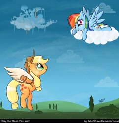 Size: 750x775 | Tagged: safe, artist:ratofdrawn, character:applejack, character:rainbow dash, species:earth pony, species:pegasus, species:pony, ship:appledash, artificial wings, augmented, cloud, cloudsdale, cloudy, female, lesbian, mechanical wing, shipping, wings