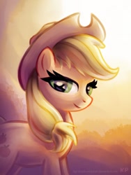 Size: 750x1000 | Tagged: safe, artist:kp-shadowsquirrel, character:applejack, species:earth pony, species:pony, female, looking at you, mare, solo, sunset