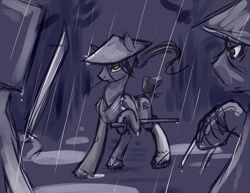 Size: 990x765 | Tagged: safe, artist:hobbes-maxwell, oc, oc only, 30 minute art challenge, clothing, conical hat, hat, katana, rain, samurai, sword, weapon