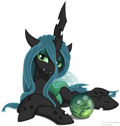 Size: 4690x4900 | Tagged: safe, artist:kp-shadowsquirrel, artist:yanoda, character:queen chrysalis, species:changeling, :3, absurd resolution, bedroom eyes, changeling queen, fangs, female, looking at you, prone, seductive, simple background, smiling, solo, transparent background