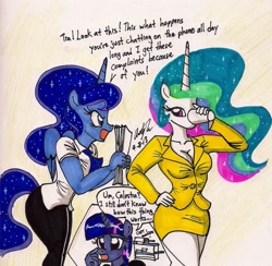 Size: 1391x1358 | Tagged: safe, artist:newyorkx3, character:princess celestia, character:princess luna, character:twilight sparkle, species:anthro, cleavage, clothing, female, photocopier, suit, traditional art