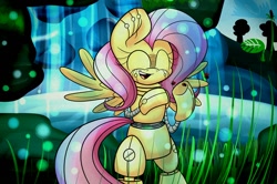 Size: 1280x850 | Tagged: safe, artist:extradan, character:fluttershy, species:pony, bipedal, eyes closed, female, flutterbot, grass, ladybug, open mouth, robot, robot pony, smiling, solo, spread wings, wings