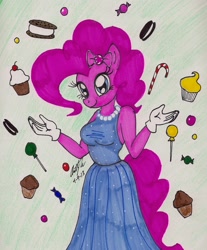 Size: 1363x1648 | Tagged: safe, artist:newyorkx3, character:pinkie pie, species:anthro, candy, clothing, cookie, cupcake, dress, lollipop, traditional art