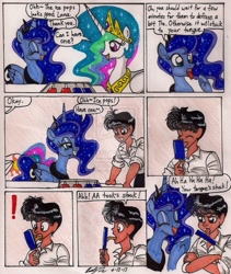 Size: 821x973 | Tagged: safe, artist:newyorkx3, character:princess celestia, character:princess luna, self insert, species:human, comic, popsicle, prank, tongue out, traditional art, watermark