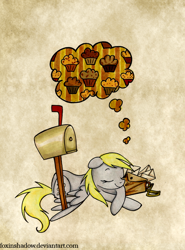Size: 650x878 | Tagged: safe, artist:foxinshadow, character:derpy hooves, species:pegasus, species:pony, bag, dream, female, letter, mailbox, mare, muffin, sleeping, solo, that pony sure does love muffins