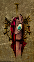 Size: 500x890 | Tagged: safe, artist:foxinshadow, character:pinkamena diane pie, character:pinkie pie, species:pony, bust, creepy, female, hair over one eye, mare, nails, portrait, solo