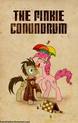 Size: 600x950 | Tagged: safe, artist:foxinshadow, character:doctor whooves, character:pinkie pie, character:time turner, chess, doctor who, eleventh doctor, licking, umbrella