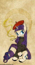 Size: 600x1092 | Tagged: safe, artist:foxinshadow, character:rarity, beatnik rarity, beret, cigarette, cigarette holder, clothing, female, hat, smoking, solo, sweater