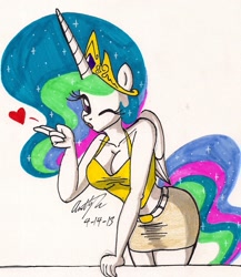 Size: 1148x1325 | Tagged: safe, artist:newyorkx3, character:princess celestia, species:anthro, blowing a kiss, breasts, busty princess celestia, cleavage, clothing, female, heart, simple background, skirt, solo, traditional art, white background, wink