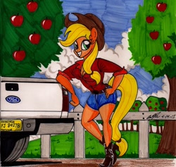 Size: 1653x1564 | Tagged: safe, artist:newyorkx3, character:applejack, species:anthro, species:plantigrade anthro, car, ford, ford f-150, traditional art