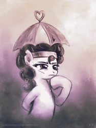 Size: 750x1000 | Tagged: safe, artist:kp-shadowsquirrel, character:pinkie pie, clothing, female, hat, monochrome, scar, solo, umbrella hat