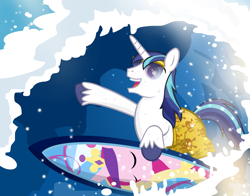 Size: 900x704 | Tagged: safe, artist:pixelkitties, character:princess cadance, character:shining armor, clothing, shorts, sunglasses, surfboard, surfing, swimsuit, topless, water, wave