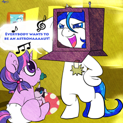 Size: 1500x1500 | Tagged: safe, artist:arnachy, character:shining armor, character:smarty pants, character:twilight sparkle, species:pony, astronaut, baby, baby pony, babylight sparkle, bipedal, colt, diaper, filly, foal, male, pacifier, royal republic, singing
