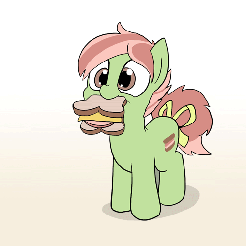 Size: 500x500 | Tagged: safe, artist:docwario, oc, oc only, oc:hamsandwich, species:earth pony, species:pony, animated, blushing, bologna, cute, fixed, food, gradient background, hnnng, male, mouth hold, ocbetes, ponified, sandwich, solo